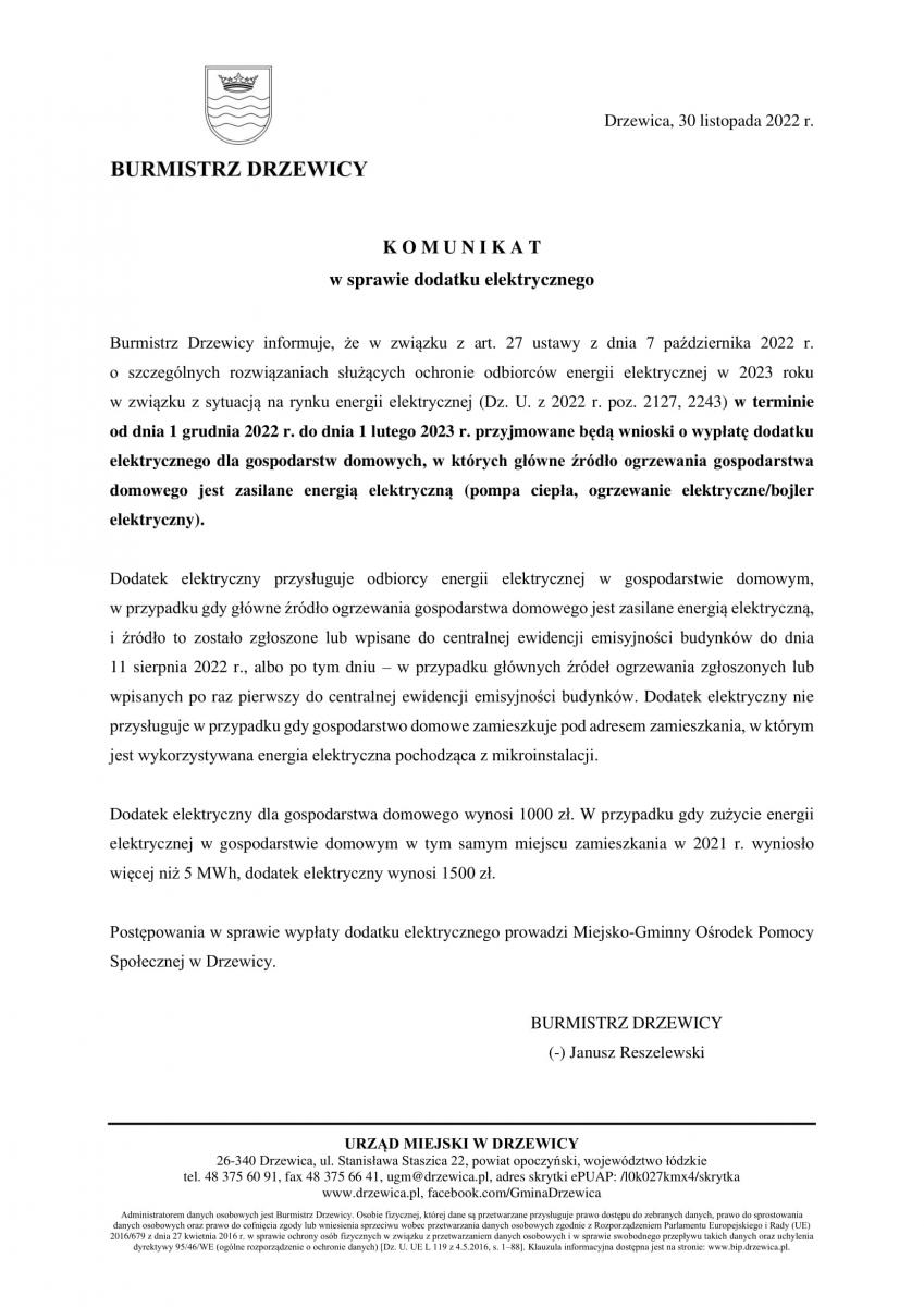komunikat dodatek elektryczny